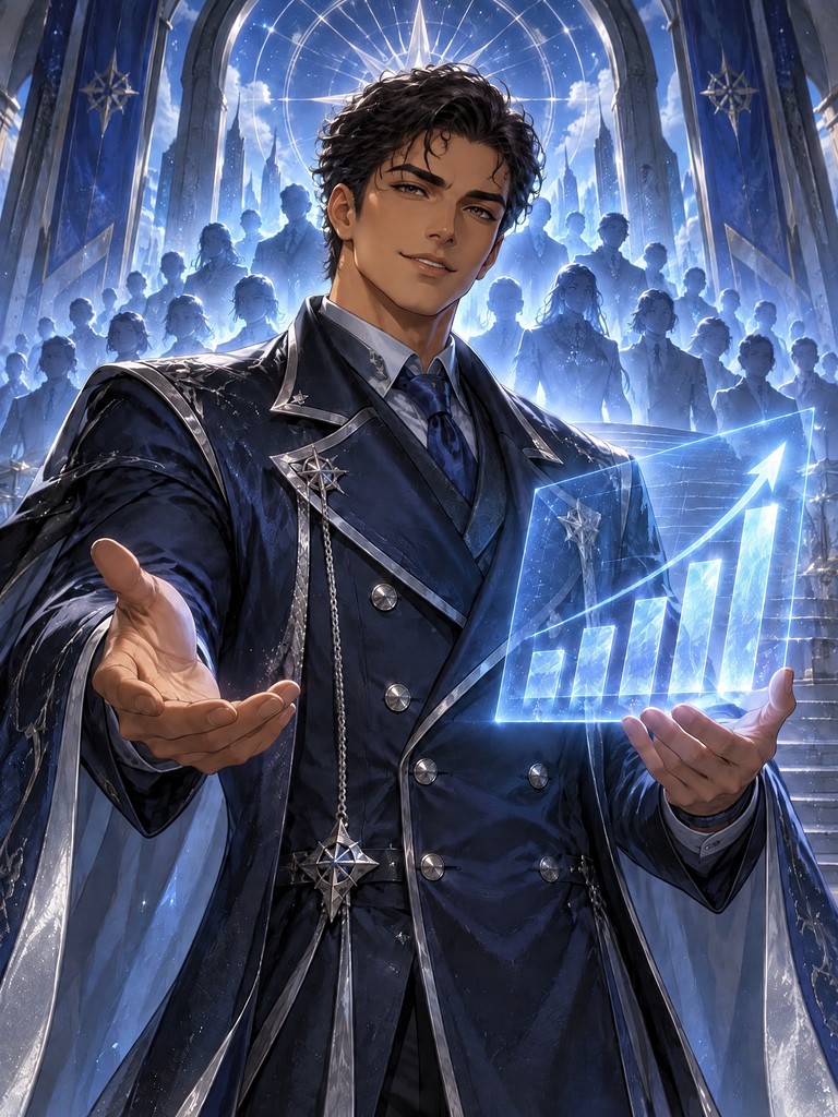 The Herald, a smiling man of mixed heritage in a silver-trimmed navy coat holding a glowing chart of rising bars