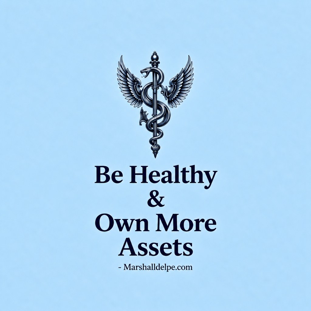 Marshall Delpé's motto: Be Healthy & Own More Assets, beneath a winged staff wrapped by a serpent