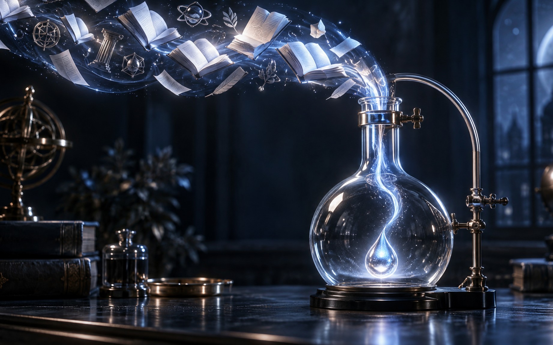 A glass distillation flask on a navy desk, glowing book pages swirling in and condensing into one silver-blue drop