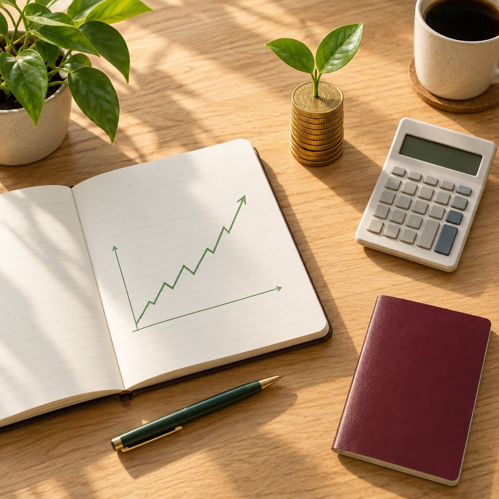 A sunny desk with a notebook showing a rising growth line, a calculator, a plant sprouting from coins and a passport