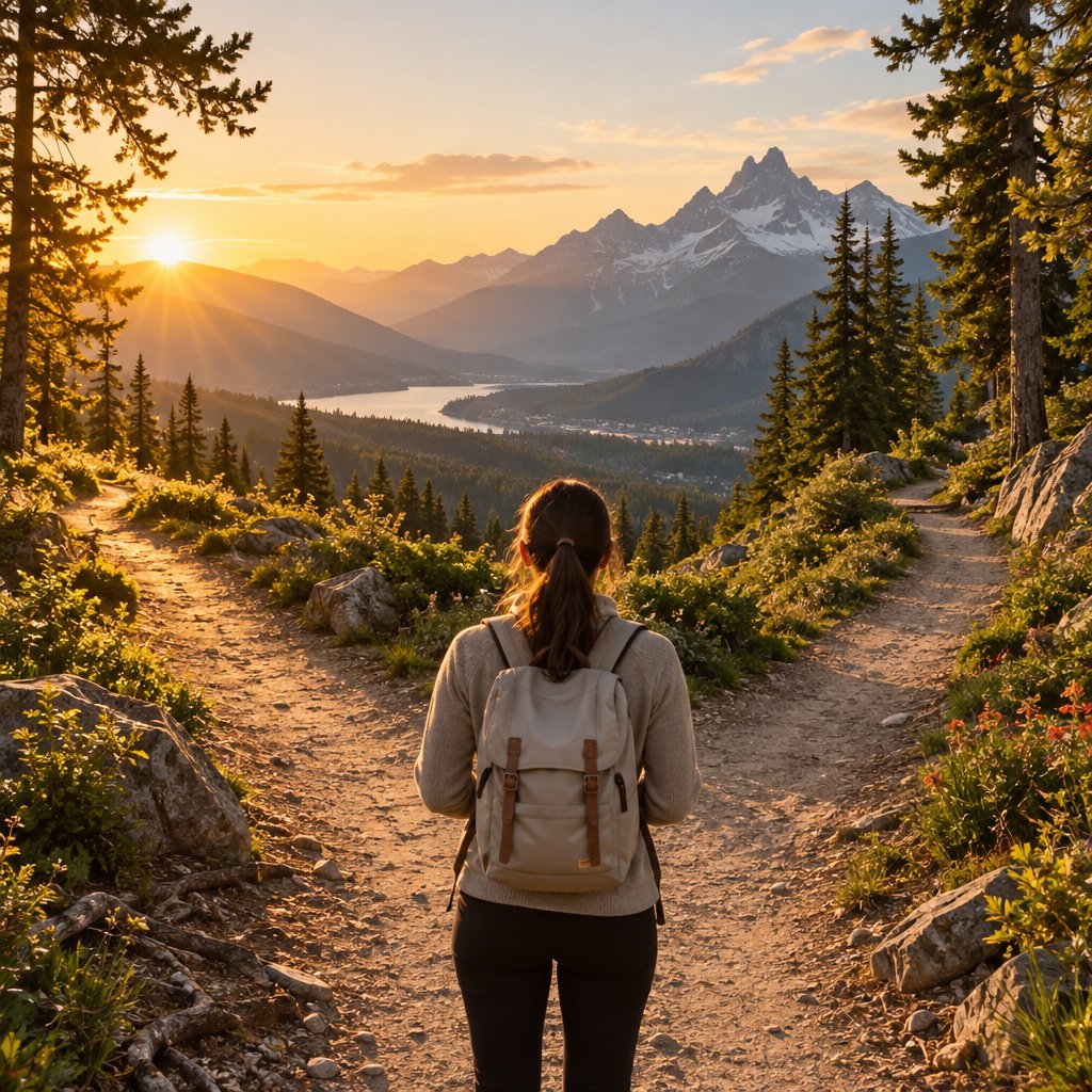 A hiker with a backpack looking down a mountain trail at golden hour, choosing which way to go