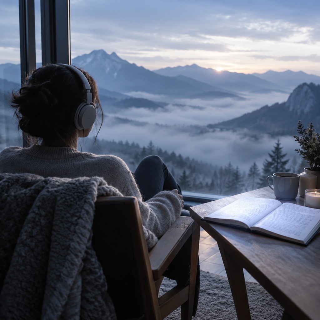 A person in headphones sitting by a window at dawn above misty mountains, a glowing notebook of handwritten lines beside them