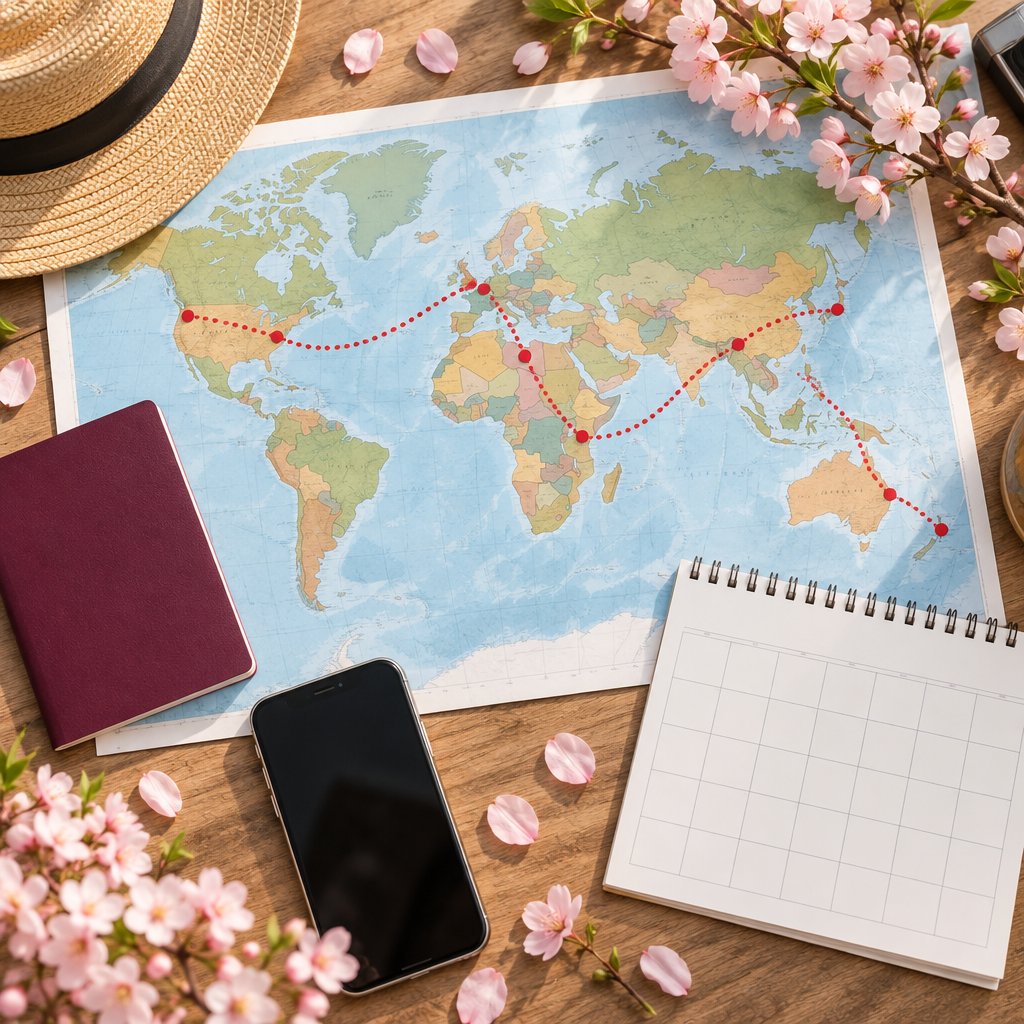 A world map with a dotted travel route, a calendar, a passport and spring blossoms
