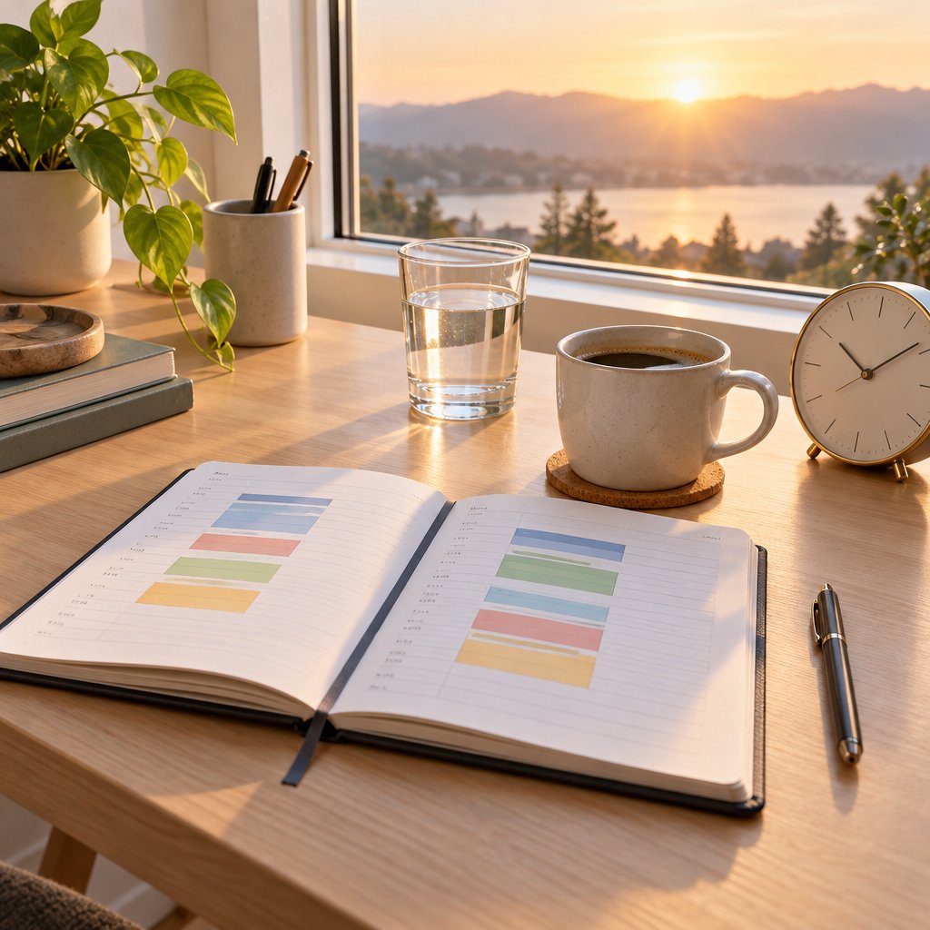 A tidy desk by a sunrise window with an open planner of colour-coded time blocks, coffee, water and a clock