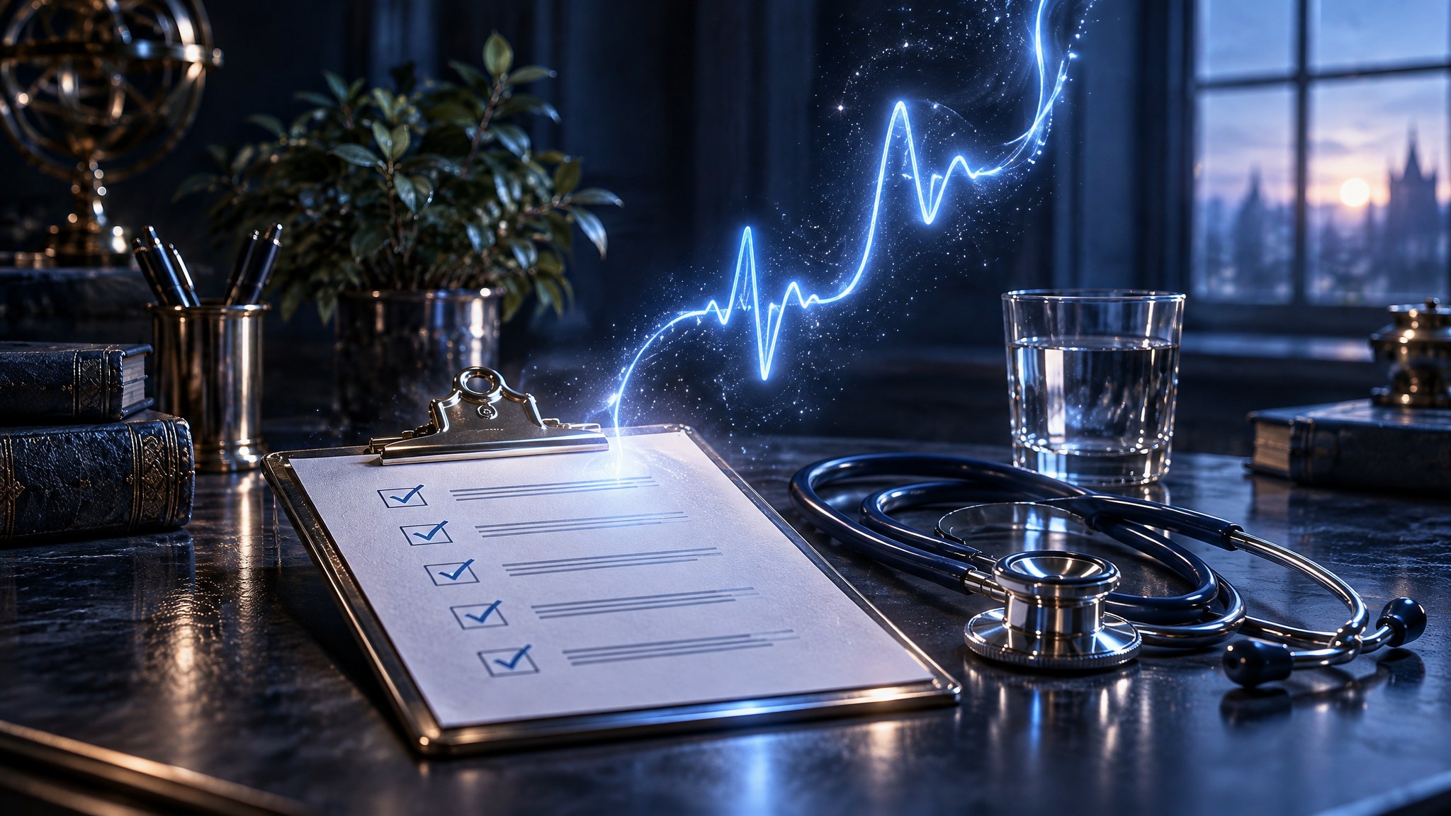 A navy desk with a clipboard checklist, a silver stethoscope and a glowing blue heartbeat line