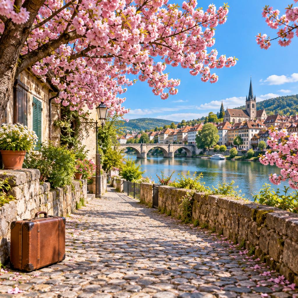 A sunny cobblestone lane lined with pink cherry blossoms leading to a riverside old town, a vintage suitcase on the path
