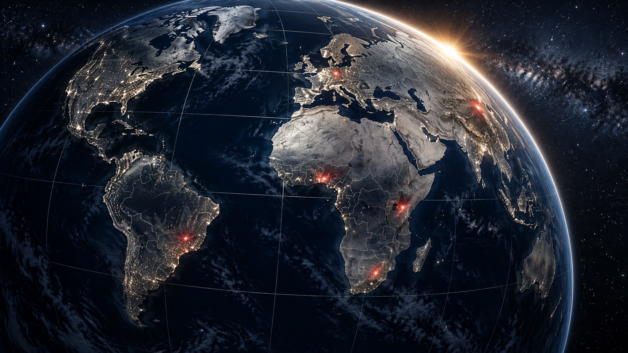 Planet Earth from space at dawn, deep blue oceans and brushed-silver continents with thin silver latitude lines